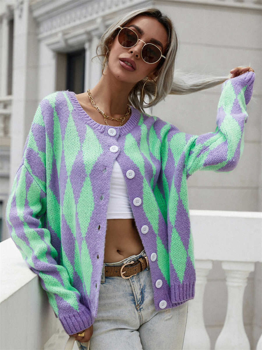 Calistally | FELISE Chess Patterned Knit Cardigan - Purple