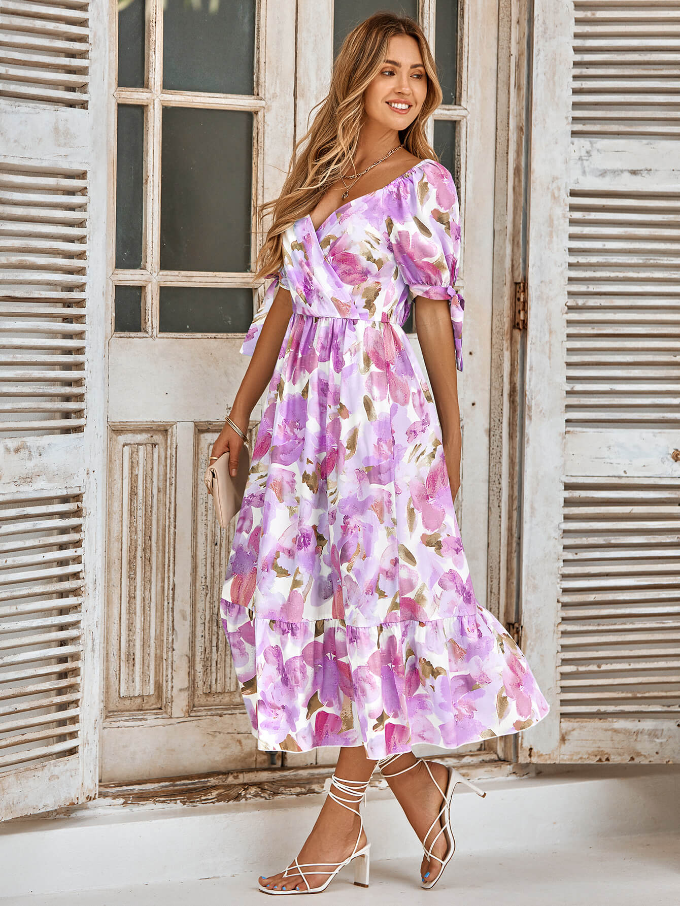 TANYA PAINTING FLORAL SHORT SLEEVE MAXI DRESS - PURPLE