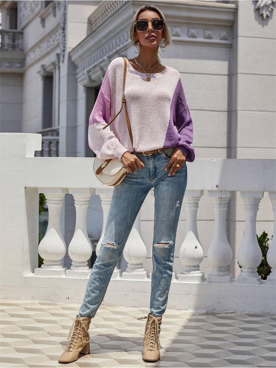 Calistally | GRANIA Two Tone Color Block Knit Sweater - Purple