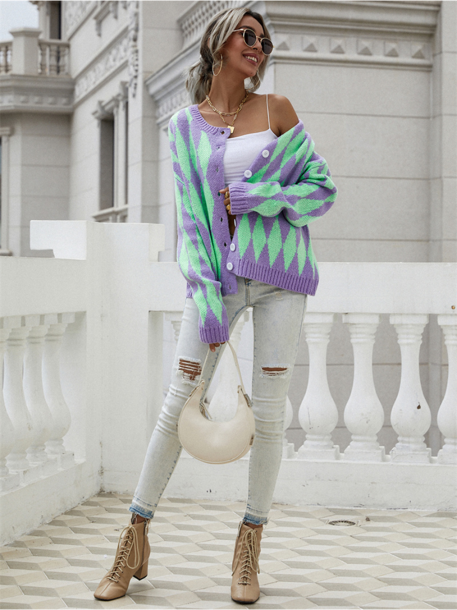 Calistally | FELISE Chess Patterned Knit Cardigan - Purple