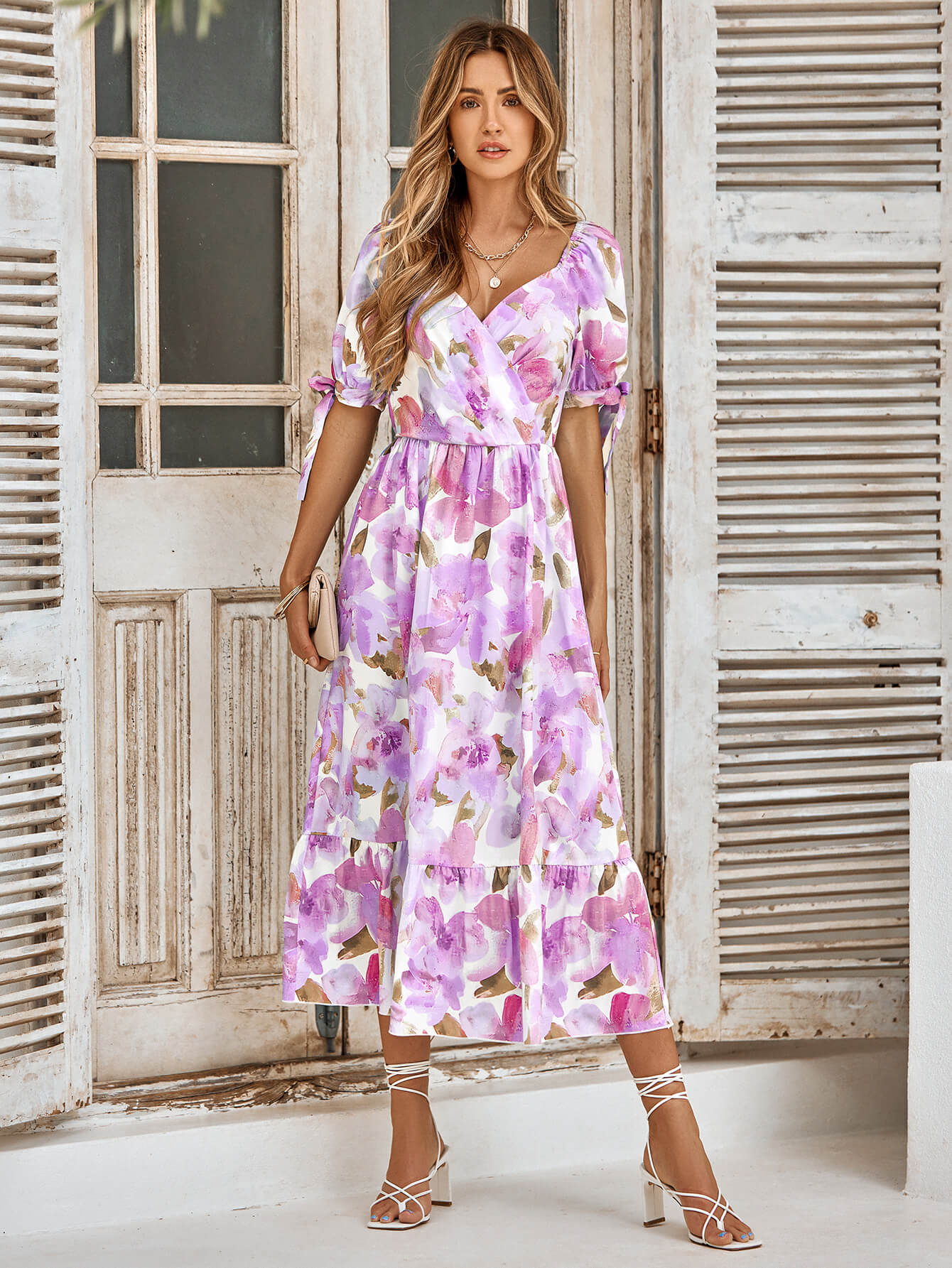 TANYA PAINTING FLORAL SHORT SLEEVE MAXI DRESS - PURPLE
