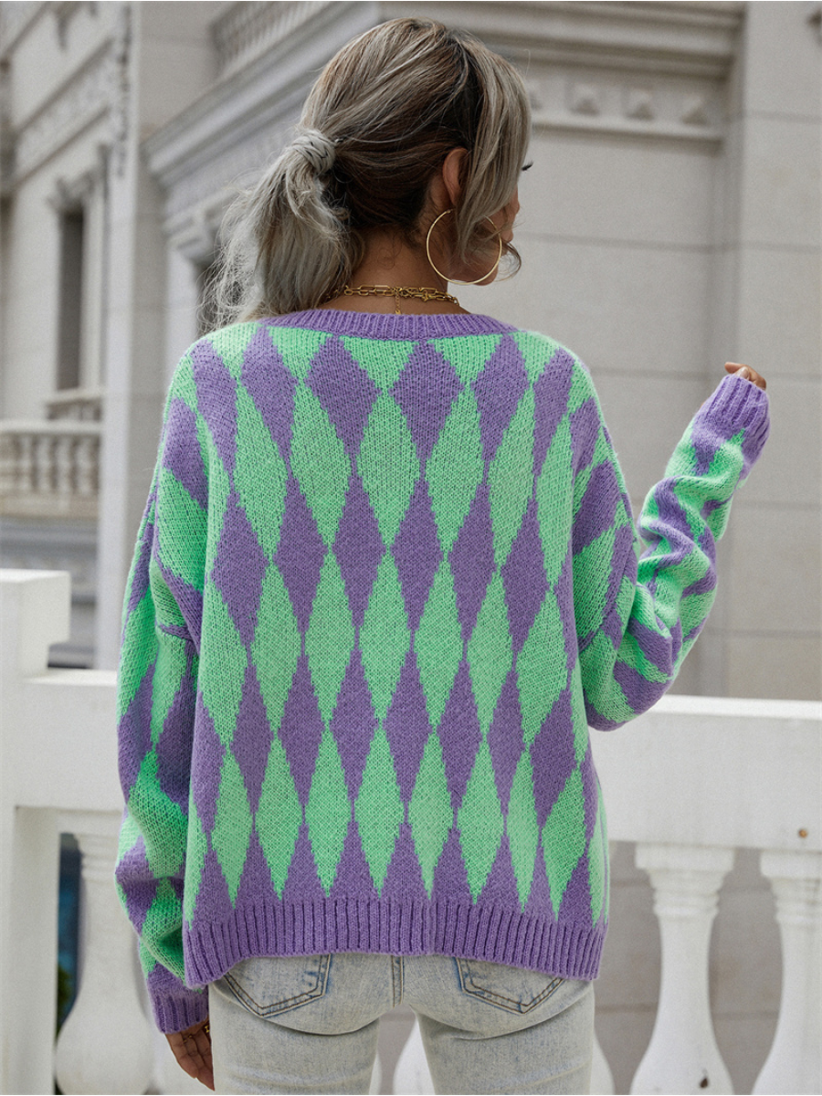 Calistally | FELISE Chess Patterned Knit Cardigan - Purple