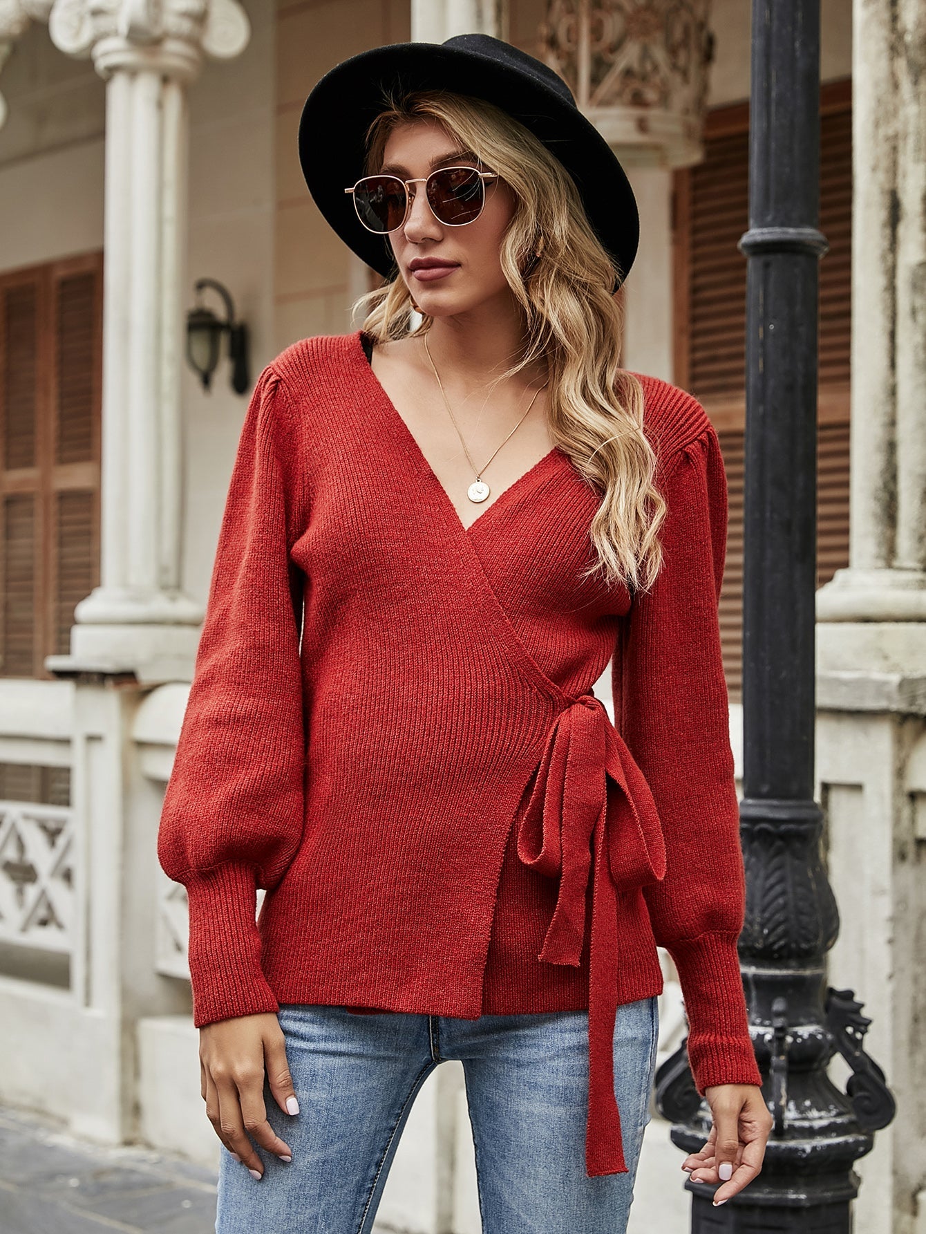 Calistally | LEONORA Bishop Sleeve Knit Top - Red