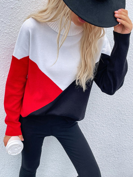 Calistally | DULCIE Red Color Block Turtleneck Knit Sweater