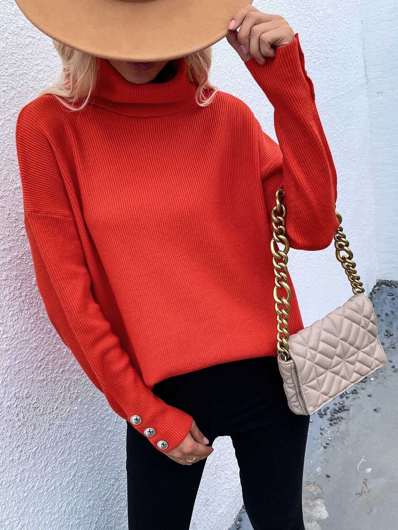 Calistally | Coral Red Oversized Collar Turtleneck Knit Sweater