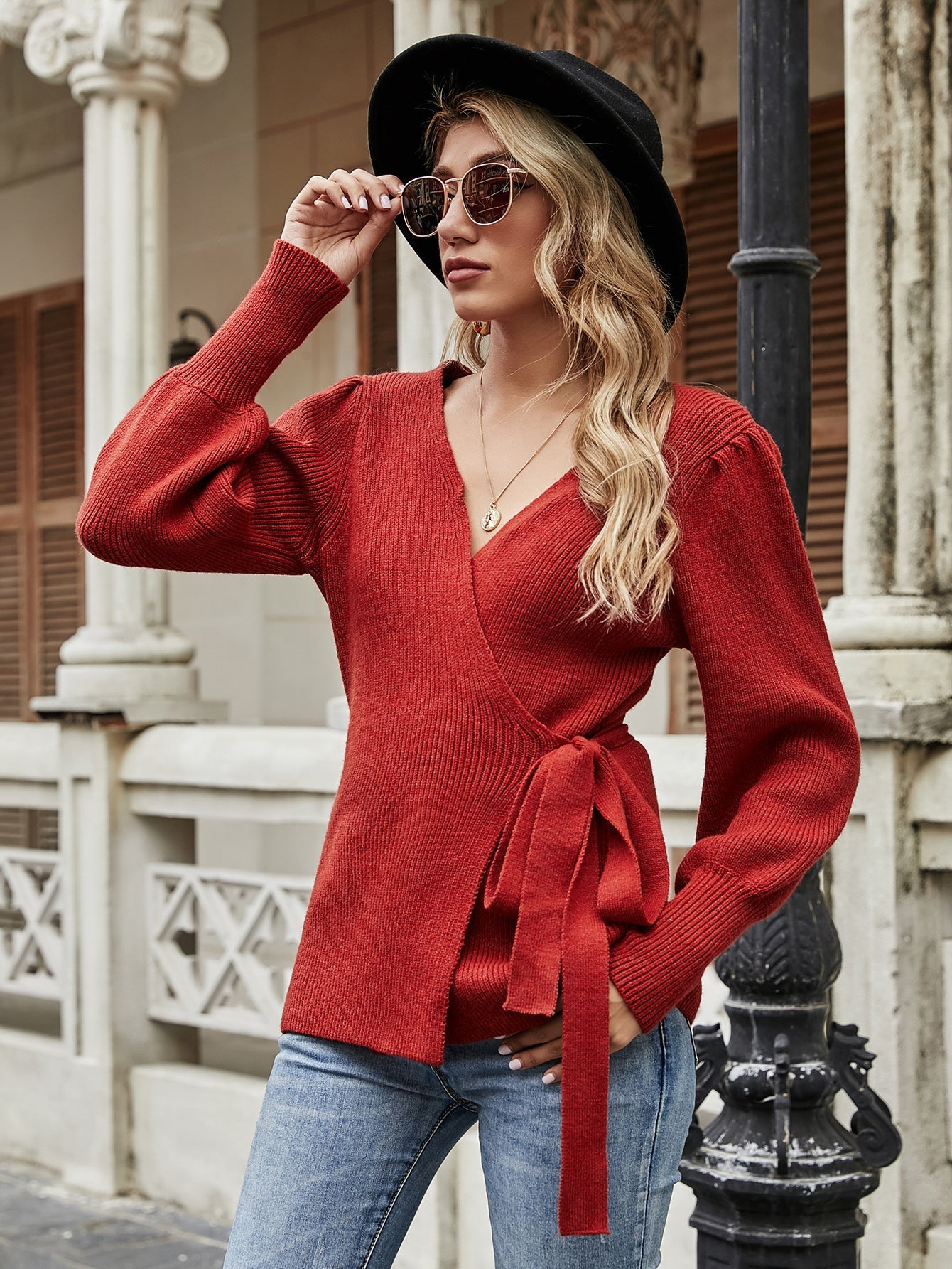 Calistally | LEONORA Bishop Sleeve Knit Top - Red