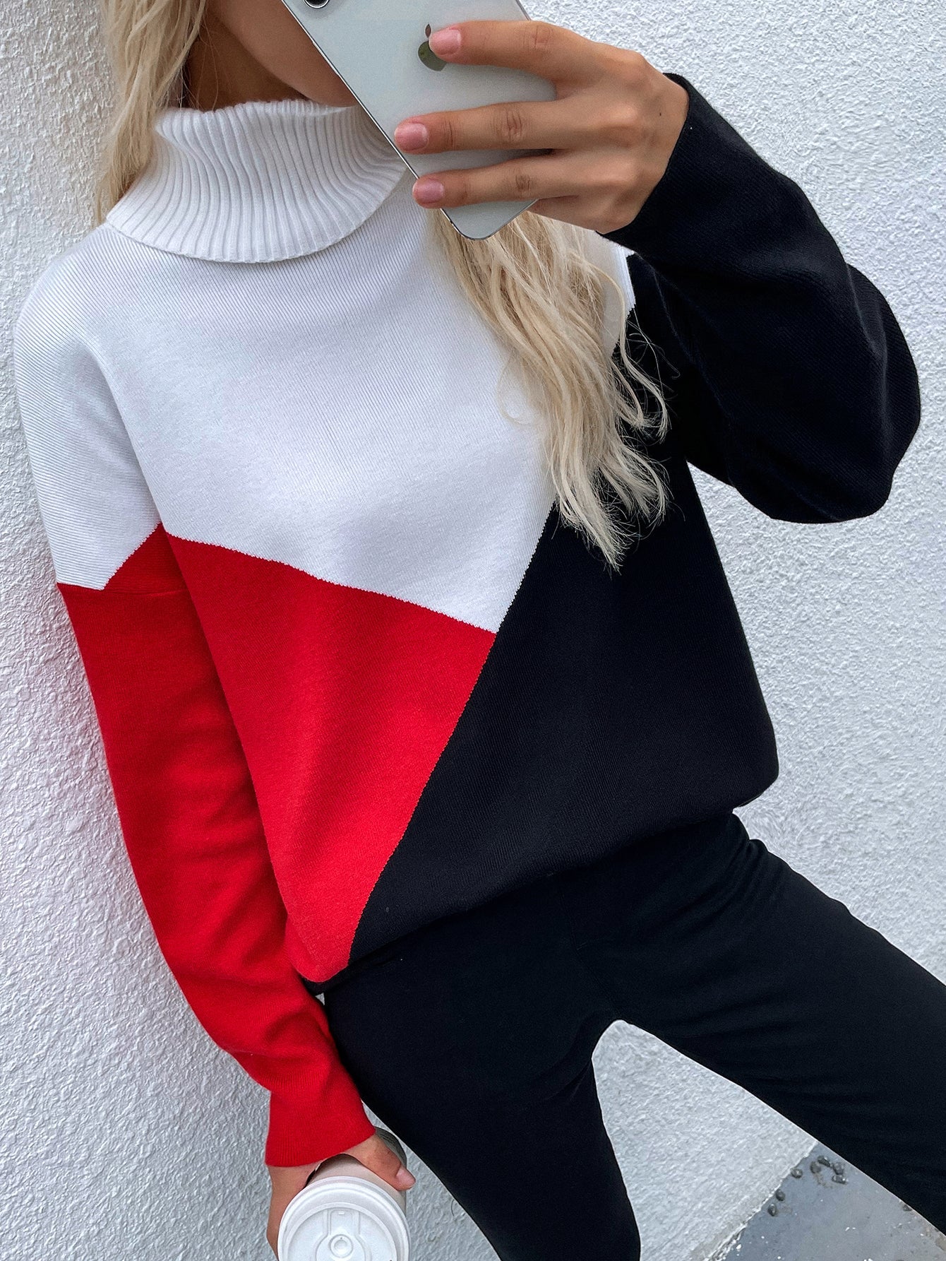 Calistally | DULCIE Red Color Block Turtleneck Knit Sweater