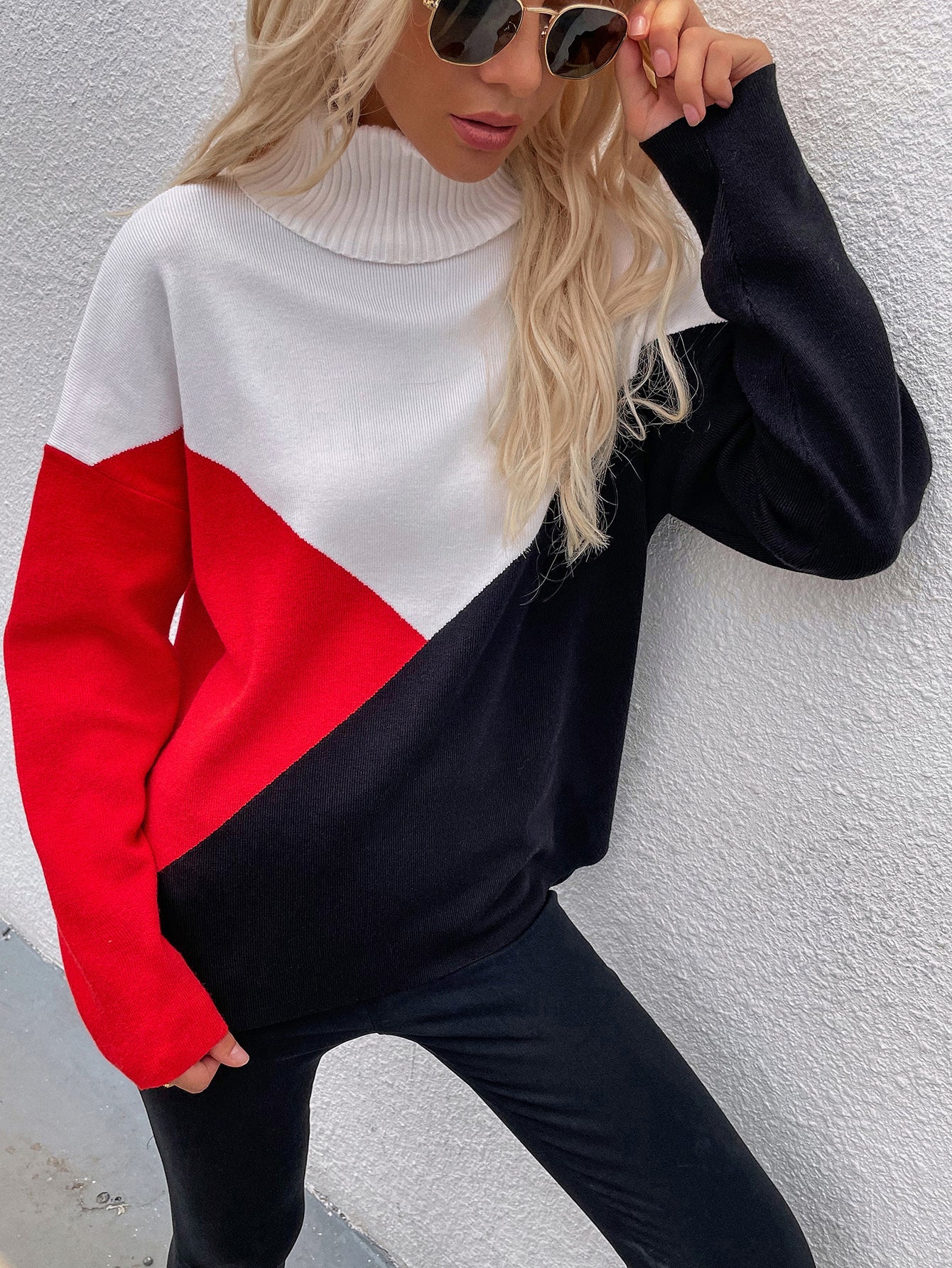 Calistally | DULCIE Red Color Block Turtleneck Knit Sweater