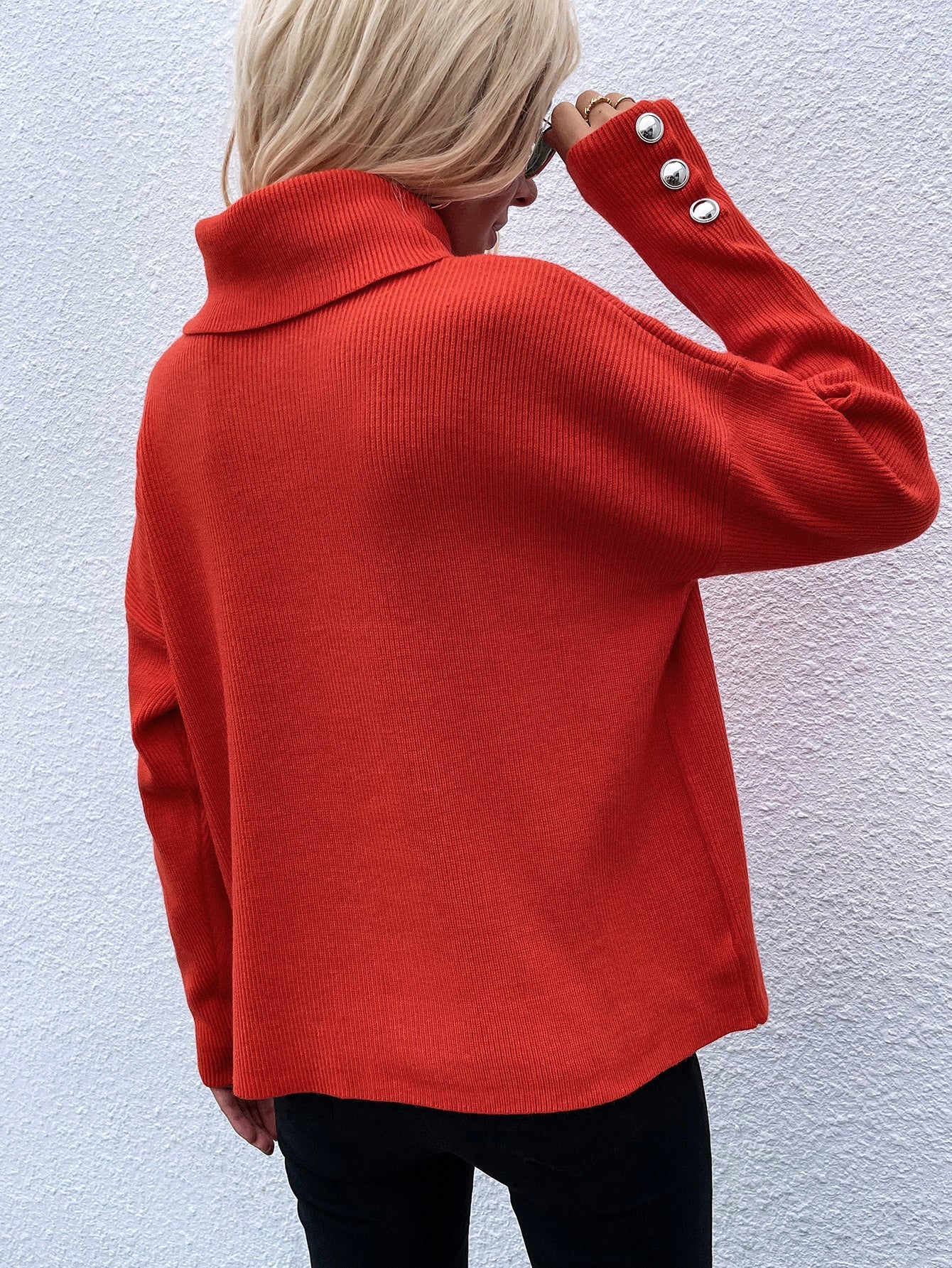 Calistally | Coral Red Oversized Collar Turtleneck Knit Sweater
