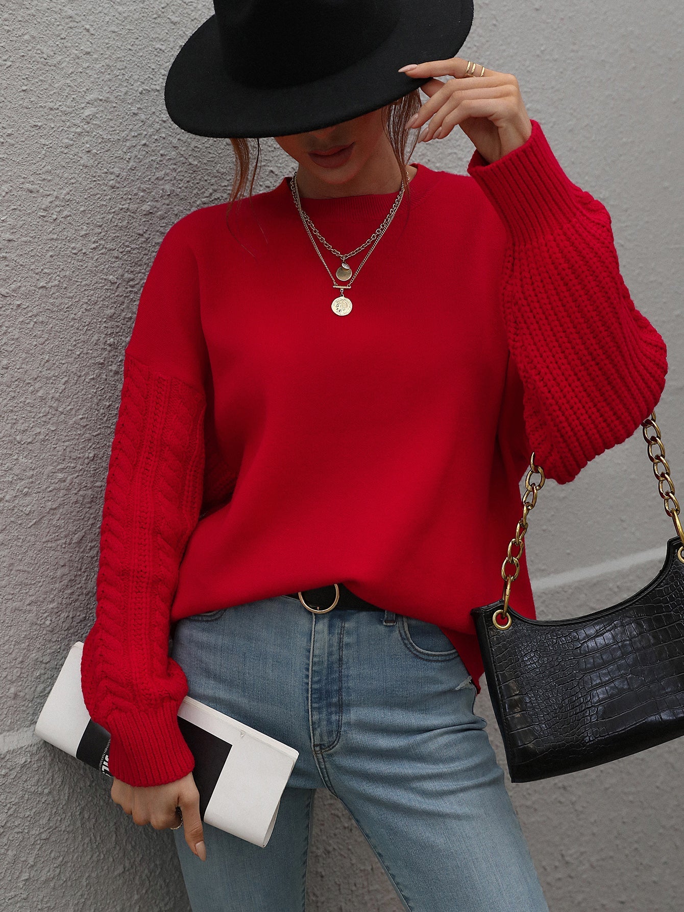 BRAIDED SLEEVE KNIT SWEATER - RED