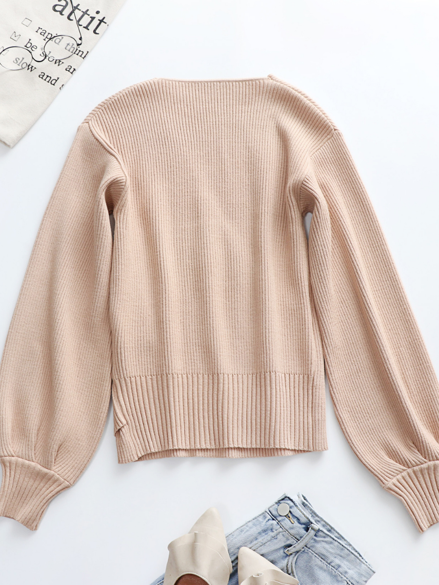 Calistally | Lantern-Sleeve V-Neck Wrap Knit Top - Beige