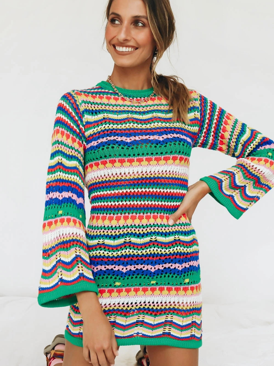 Calistally | Zig Zag Crochet Knit Dress - Green