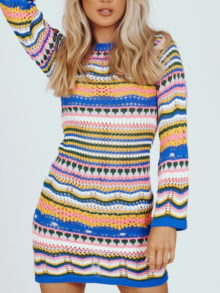 Calistally Doll | Zig Zag Crochet Knit Dress - Blue