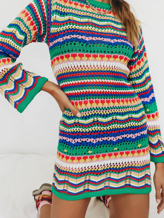 Calistally | Zig Zag Crochet Knit Dress - Green