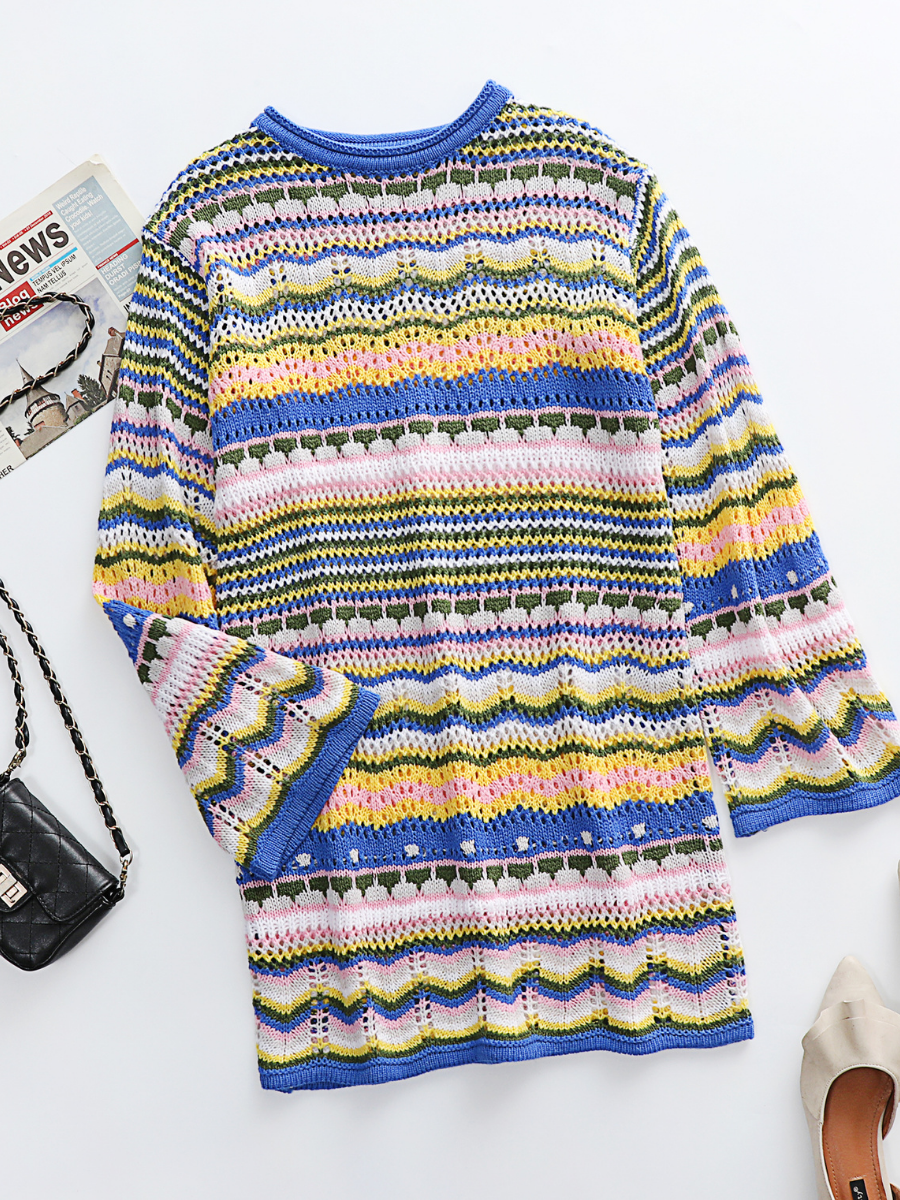 Calistally Doll | Zig Zag Crochet Knit Dress - Blue