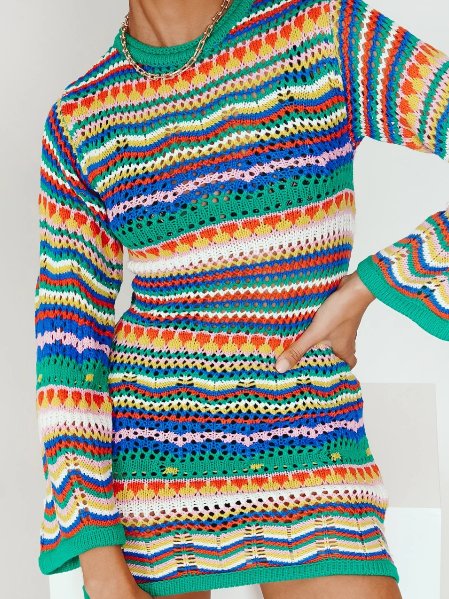 Calistally | Zig Zag Crochet Knit Dress - Green