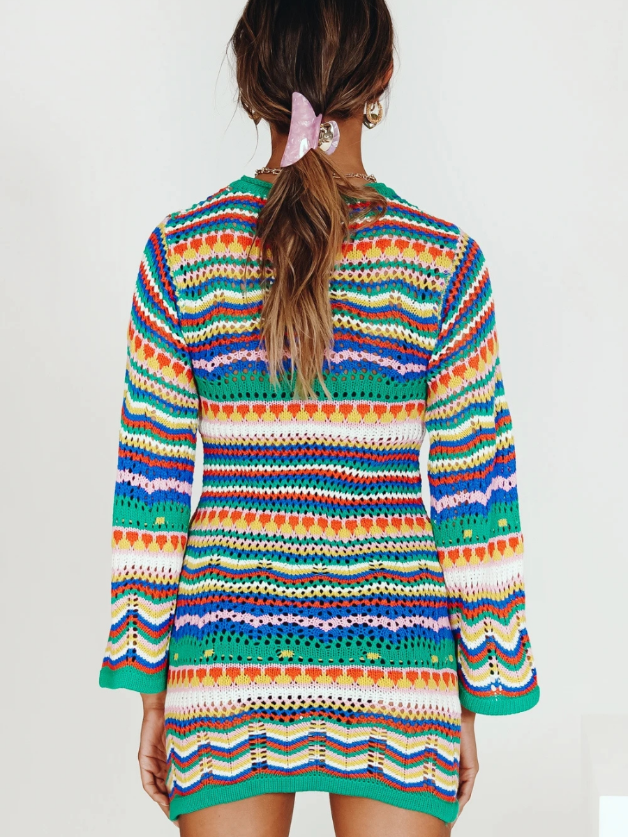 Calistally | Zig Zag Crochet Knit Dress - Green