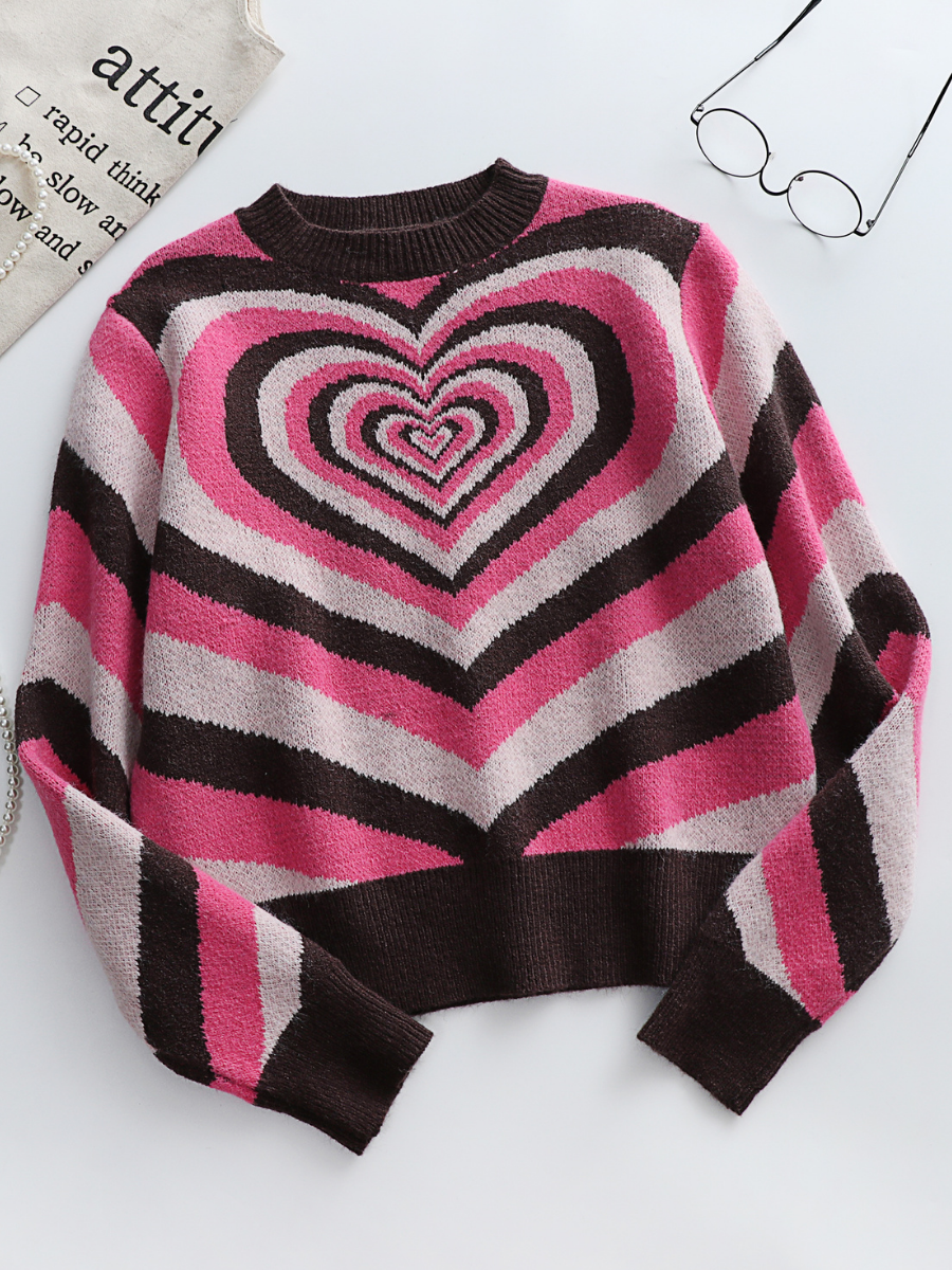 Calistally | Brown Pink Heart Ring Knit Top