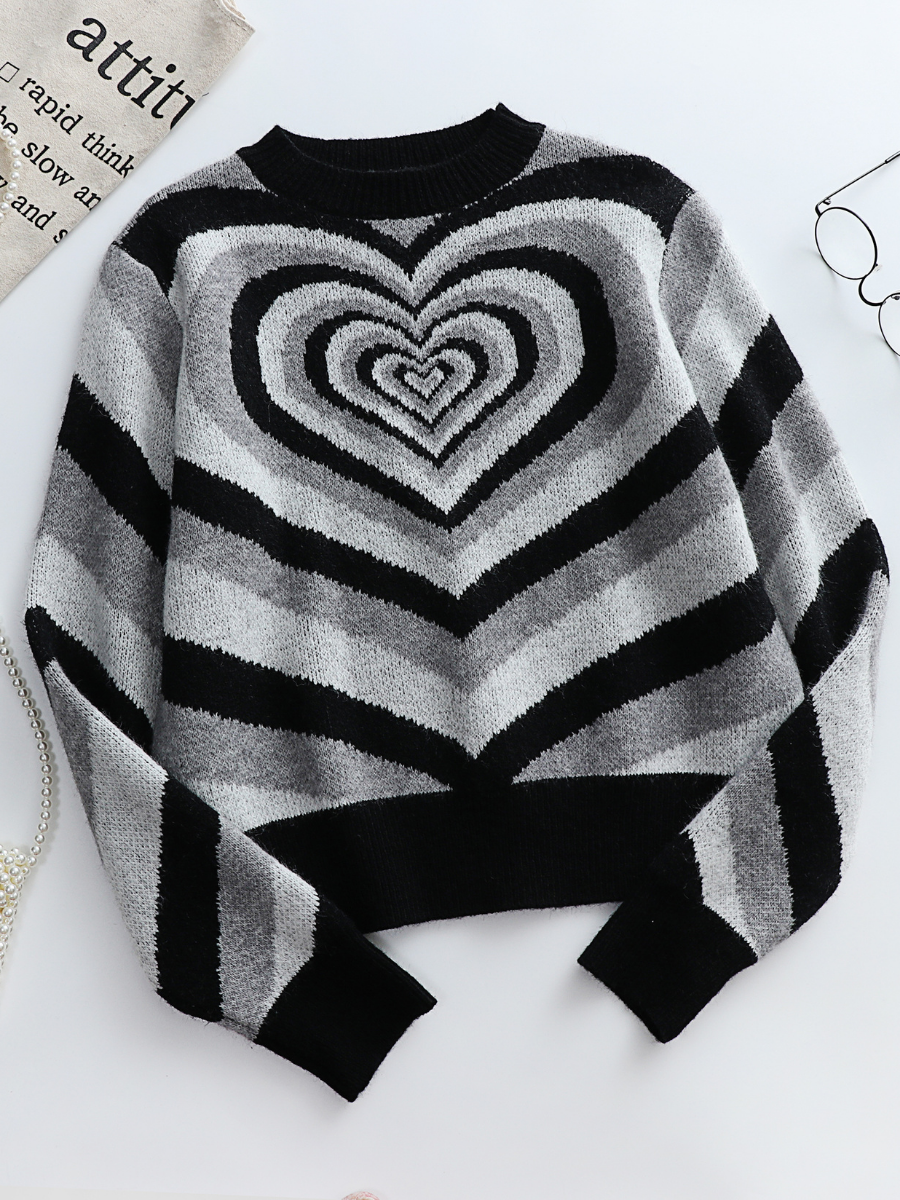 Calistally | Black Grey Heart Ring Knit Top