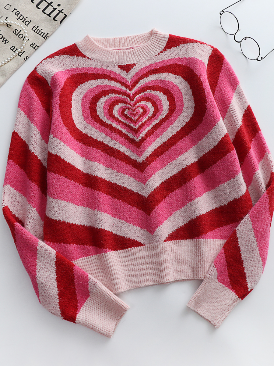 Calistally | Pink Red Heart Ring Knit Top