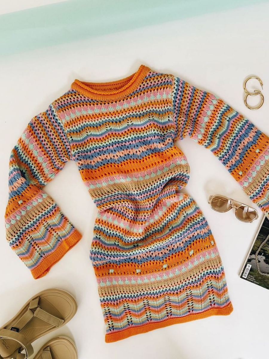 Calistally | Zig Zag Crochet Knit Dress - Orange
