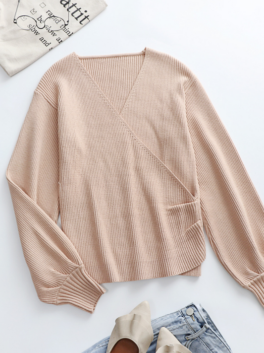 Calistally | Lantern-Sleeve V-Neck Wrap Knit Top - Beige