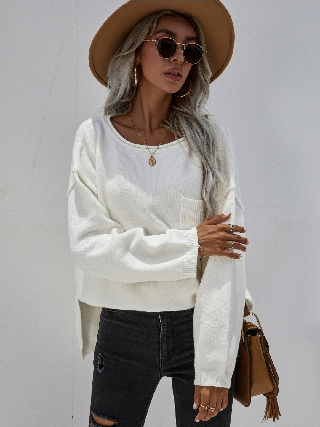 Calistally | DORETTA White Oversized Front Pocket Knit Sweater