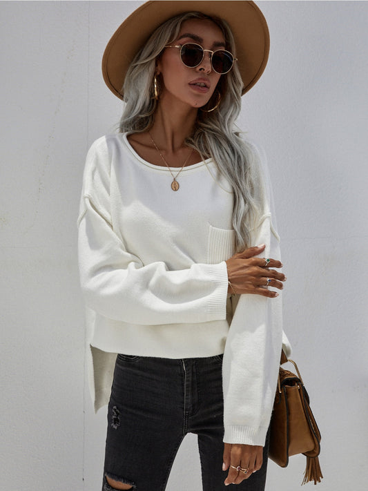 Calistally | DORETTA White Oversized Front Pocket Knit Sweater