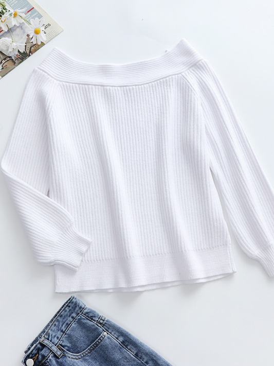 Calistally | White Bell-Sleeve Off-Shoulder Knit Sweater
