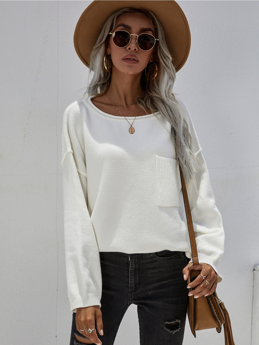 Calistally | DORETTA White Oversized Front Pocket Knit Sweater