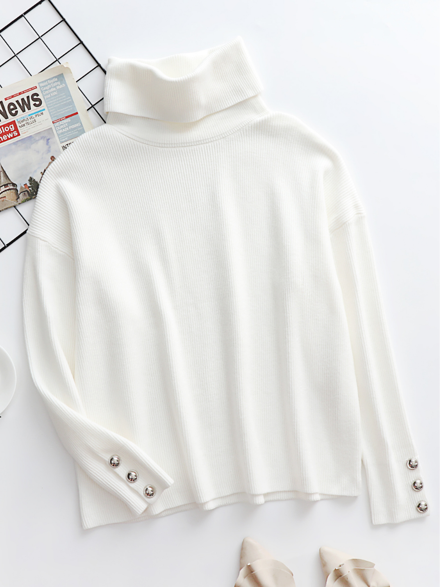 Calistally | White Oversized Collar Turtleneck Knit Sweater