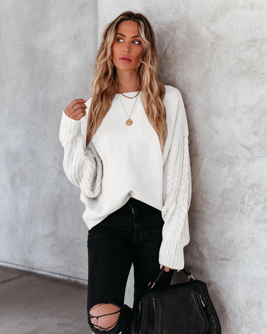 BRAIDED SLEEVE KNIT SWEATER - WHITE