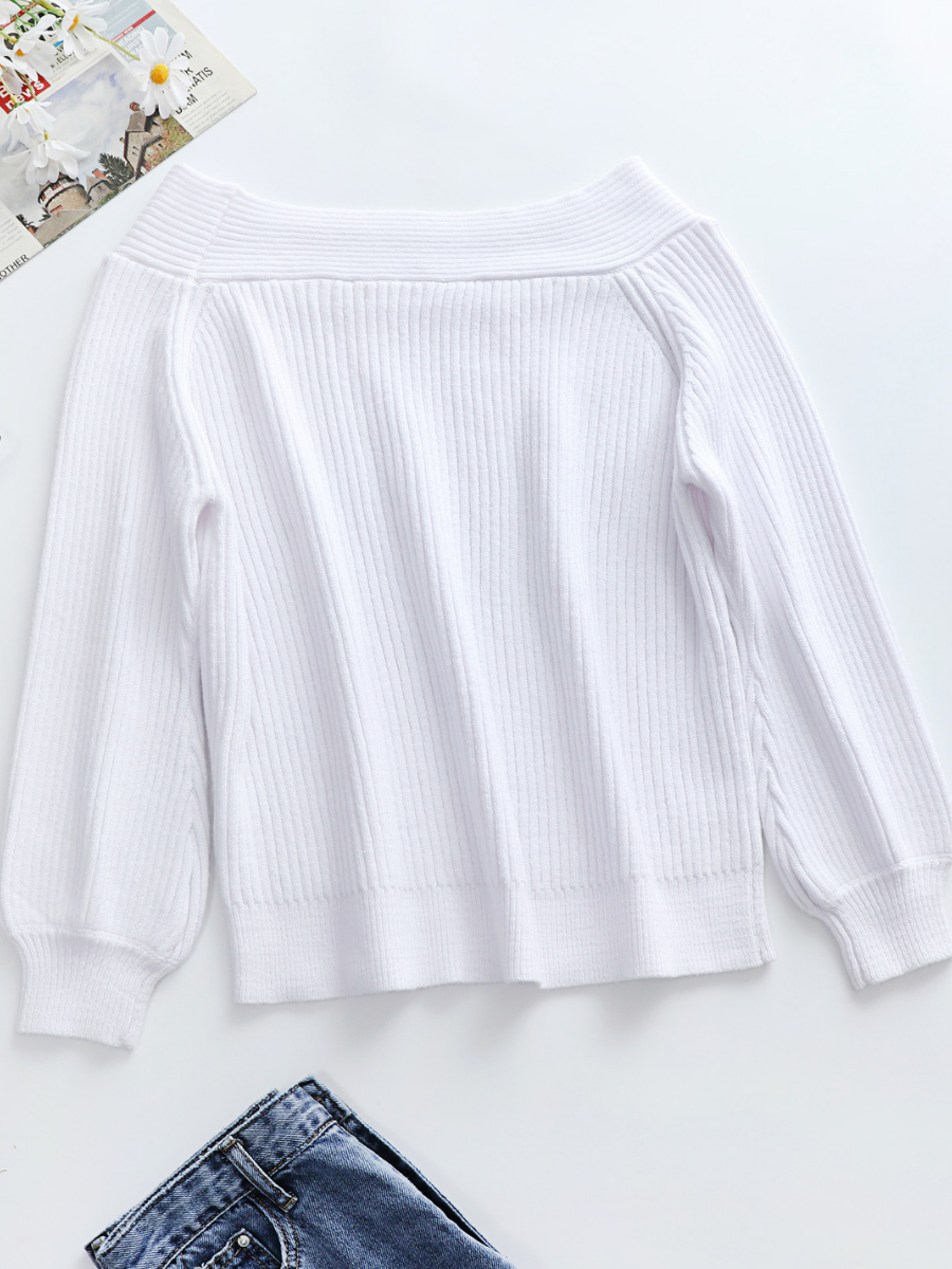 Calistally | White Bell-Sleeve Off-Shoulder Knit Sweater