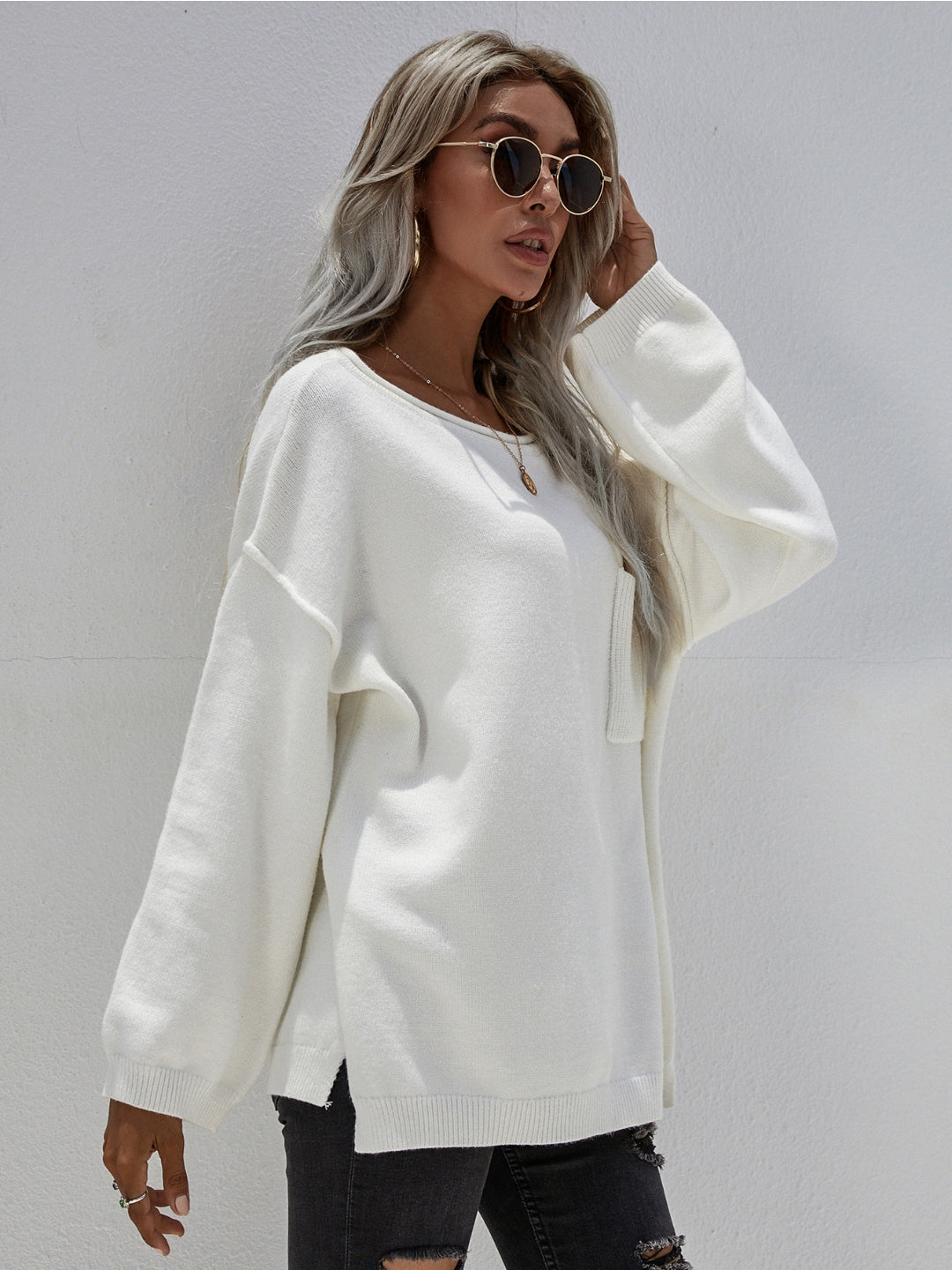 Calistally | DORETTA White Oversized Front Pocket Knit Sweater