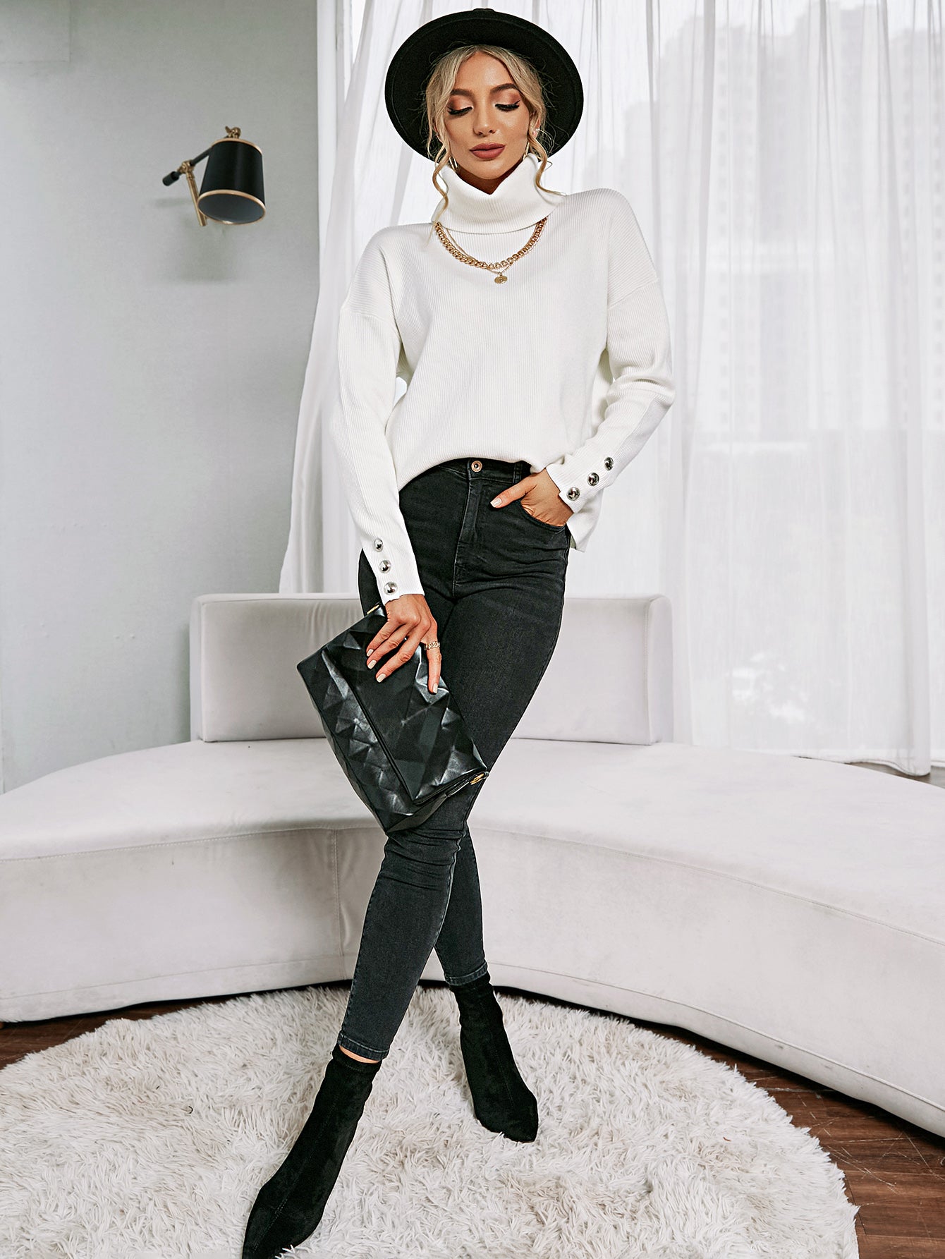 Calistally | White Oversized Collar Turtleneck Knit Sweater