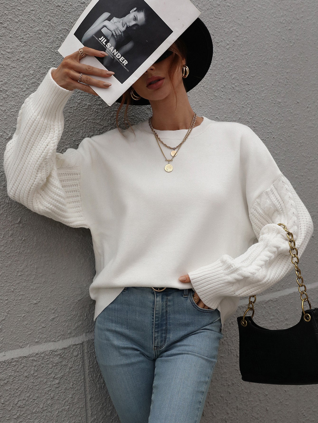 BRAIDED SLEEVE KNIT SWEATER - WHITE