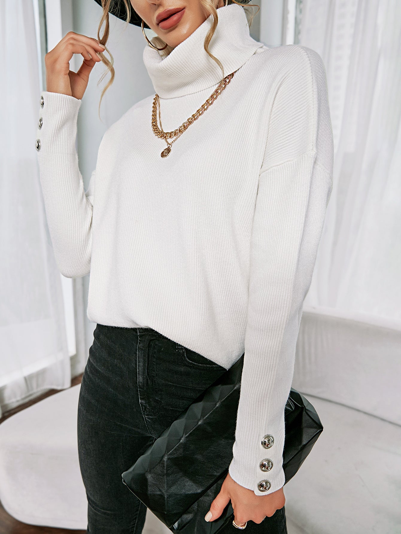 Calistally | White Oversized Collar Turtleneck Knit Sweater