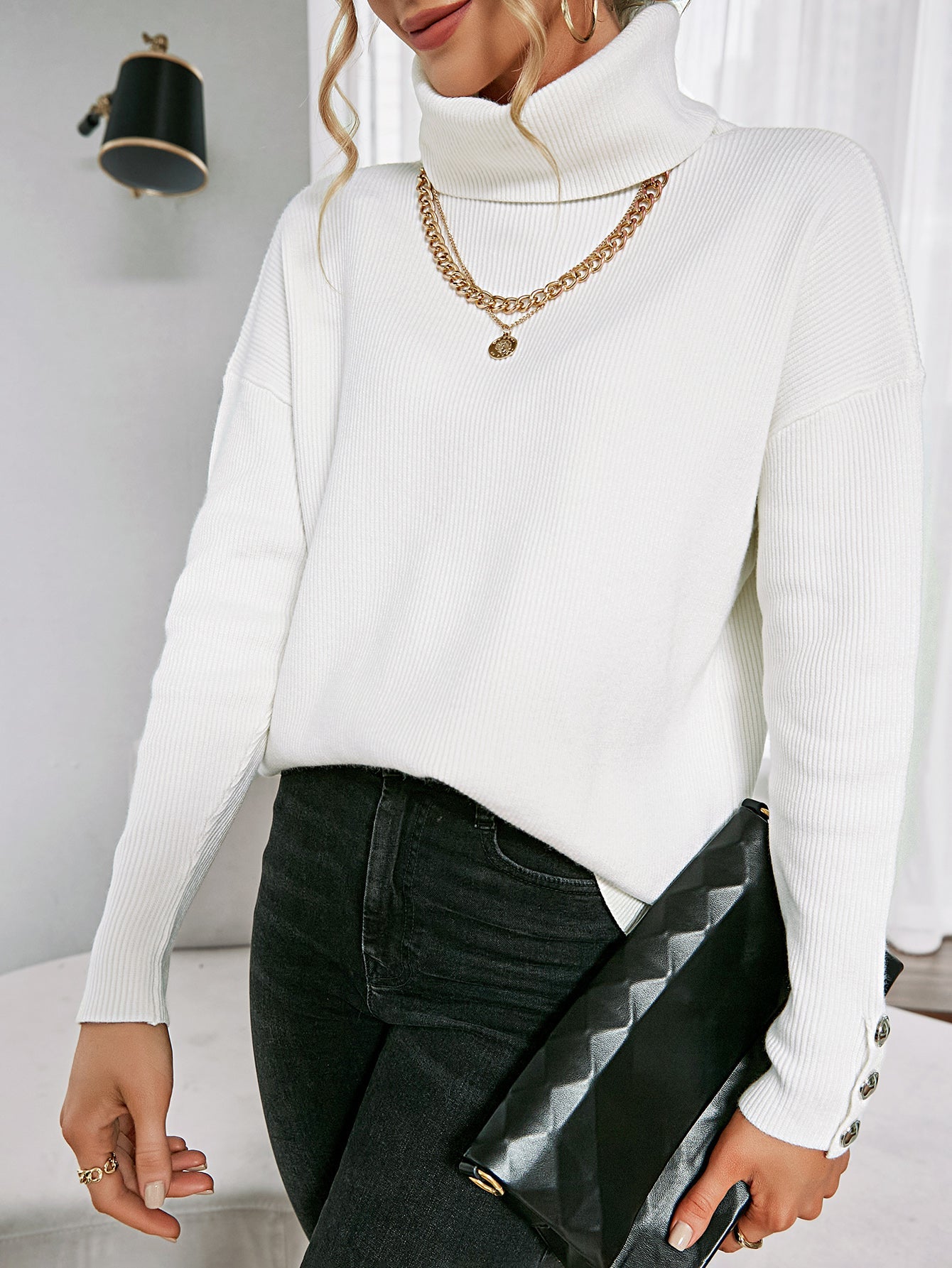 Calistally | White Oversized Collar Turtleneck Knit Sweater