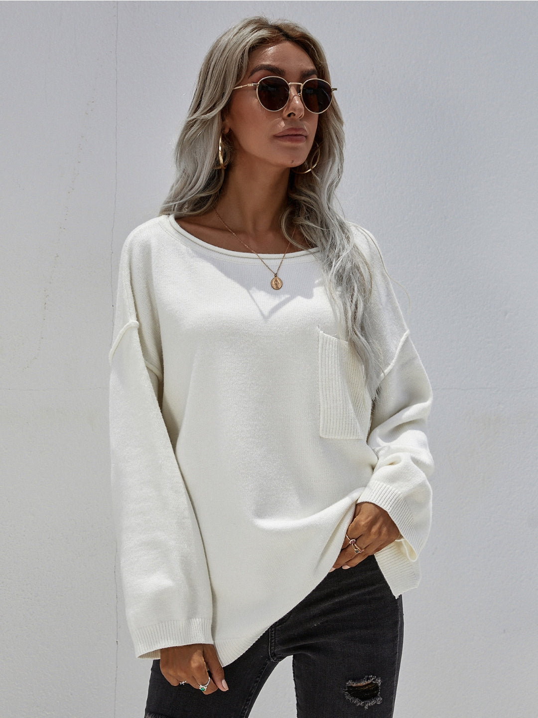 Calistally | DORETTA White Oversized Front Pocket Knit Sweater