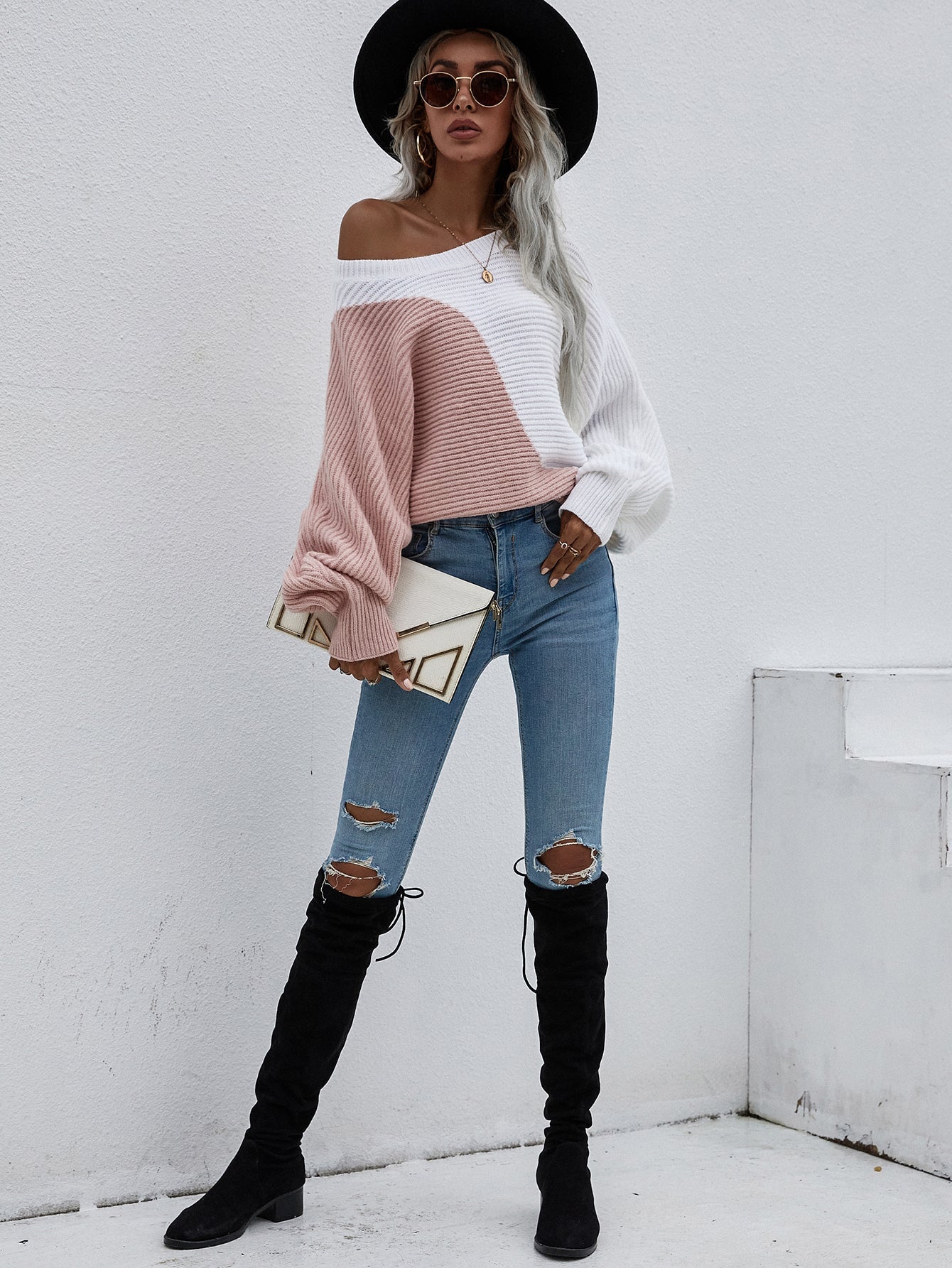 Calistally | GRANIA Batwing Sleeve Block Color Knit Sweater