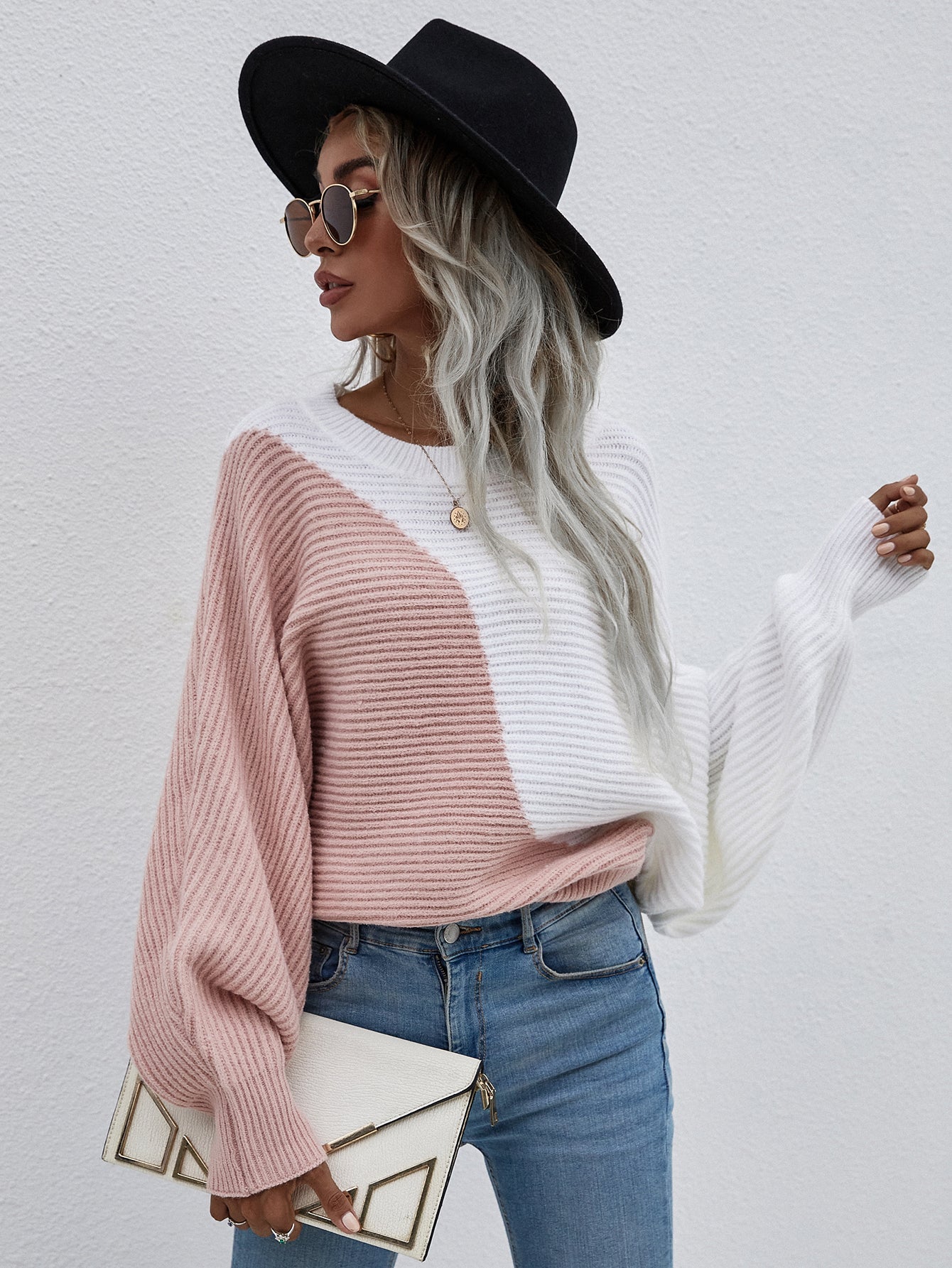 Calistally | GRANIA Batwing Sleeve Block Color Knit Sweater