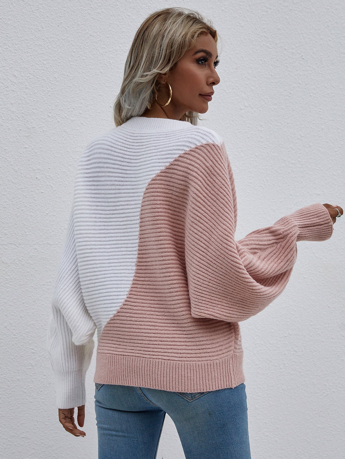 Calistally | GRANIA Batwing Sleeve Block Color Knit Sweater