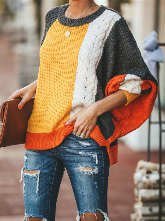 Calistally | ROVENA Yellow Contrasting Colors Knit Sweater