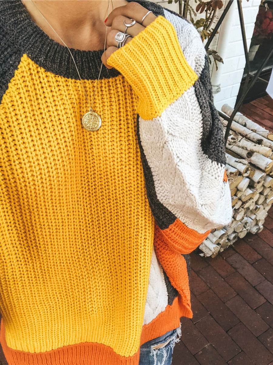 Calistally | ROVENA Yellow Contrasting Colors Knit Sweater