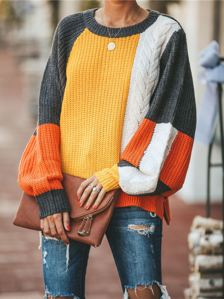 Calistally | ROVENA Yellow Contrasting Colors Knit Sweater