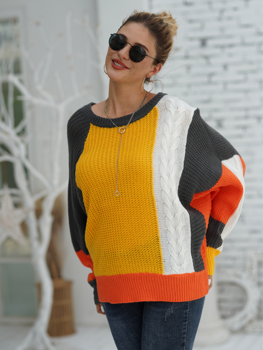 Calistally | ROVENA Yellow Contrasting Colors Knit Sweater