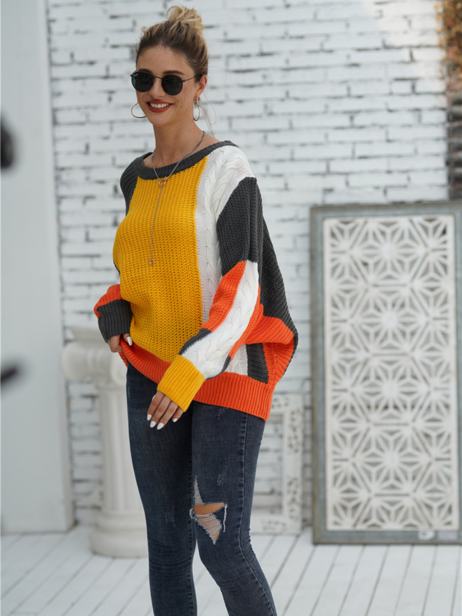 Calistally | ROVENA Yellow Contrasting Colors Knit Sweater