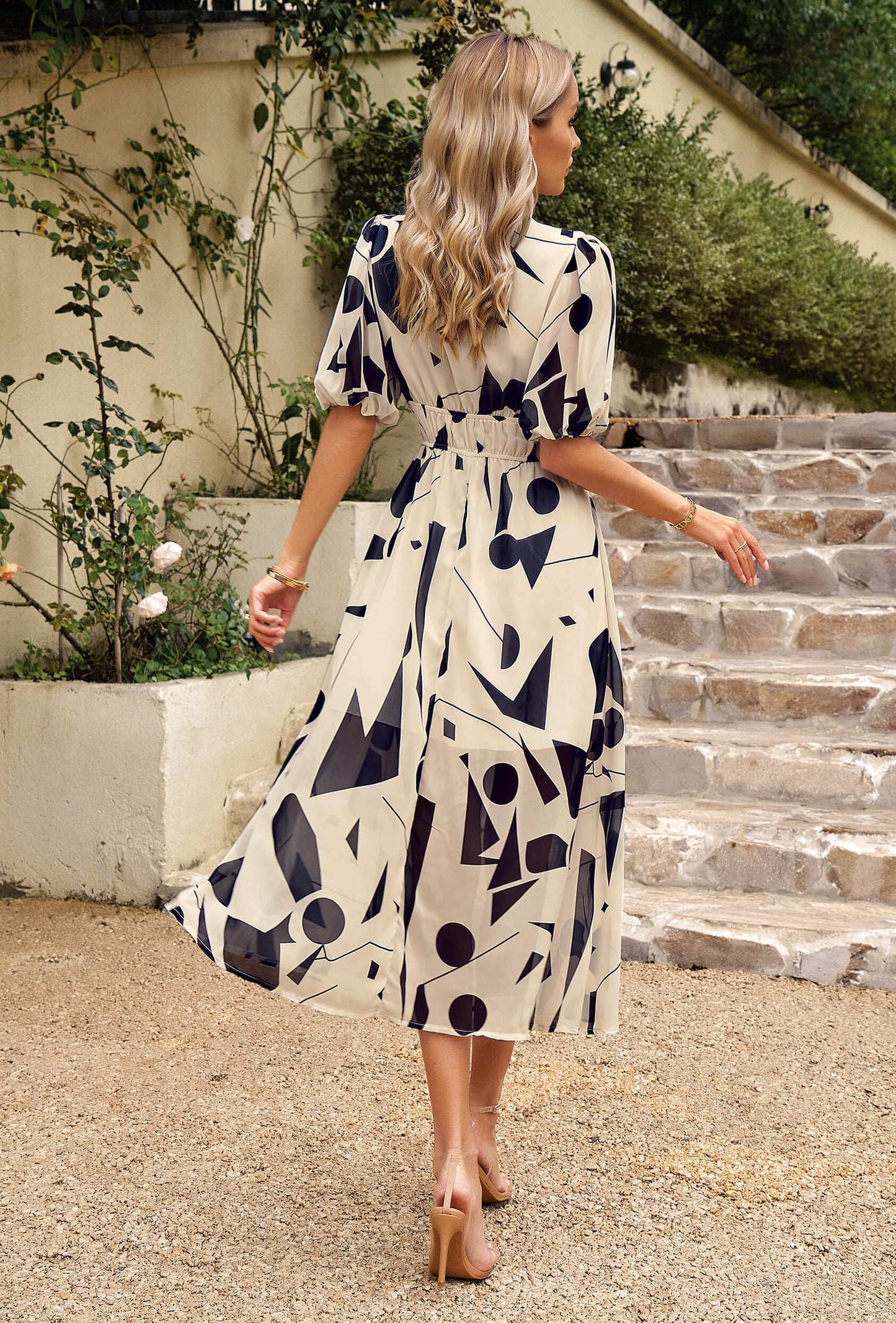 HIDDEN PASSAGE PRINTED MIDI DRESS - BEIGE