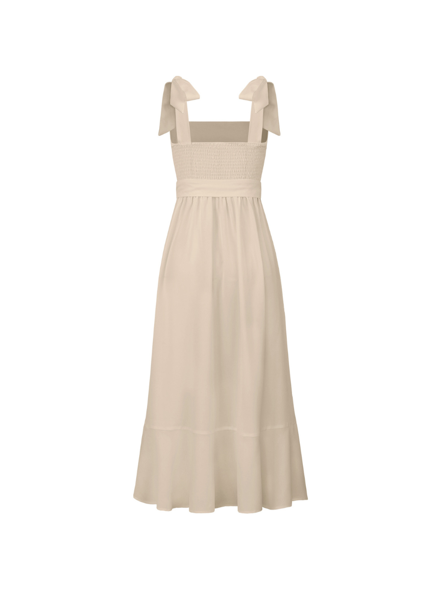 AVIANCA SHOULDER TIE BRIDAL MIDI DRESS - BEIGE