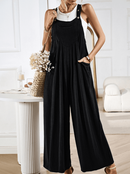 LINETTE WIDE LEG LINEN OVERALLS - BLACK